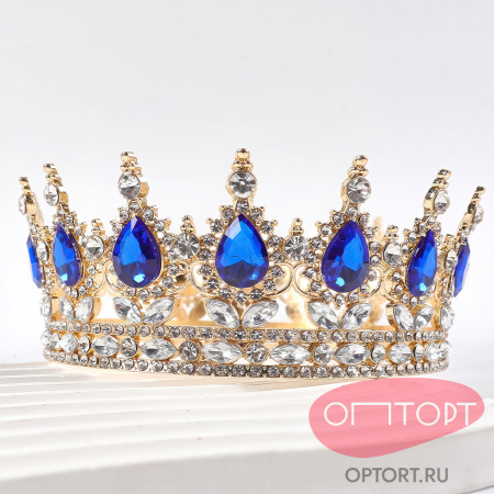 Корона на торт, золото (15 см, Синие камни)